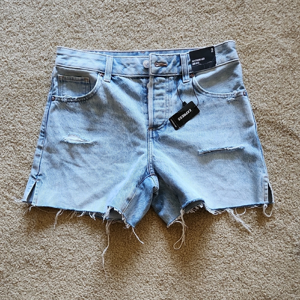 Express Light Blue Distressed Jean Shorts Button Fly High Rise Cotton Sz 2 NWT